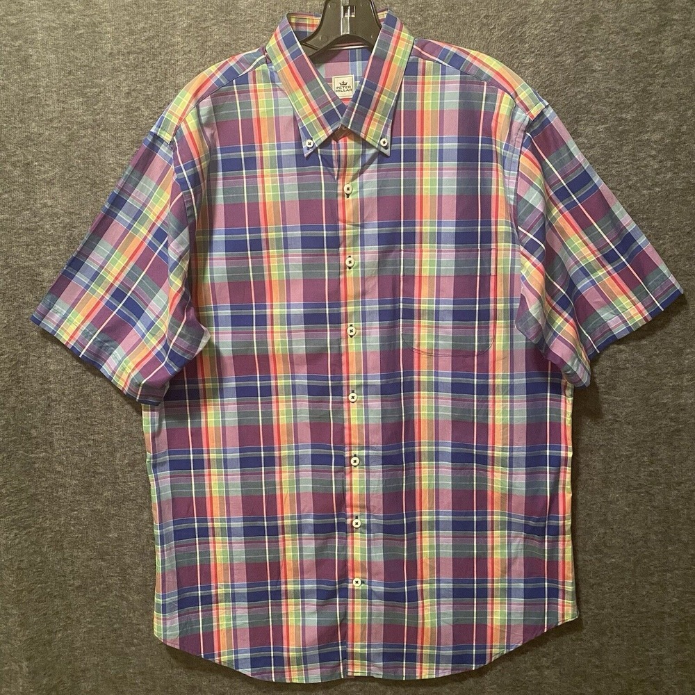 Peter Millar Shirt Mens Large Multi Madras Plaid Short Sleeve Button Down Preppy